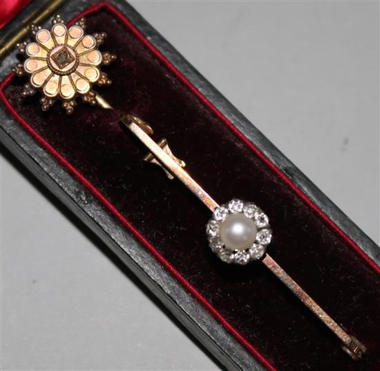 An early 20th century 15ct gold, diamond and cultured pearl cluster bar brooch and a cased gold stock pin.